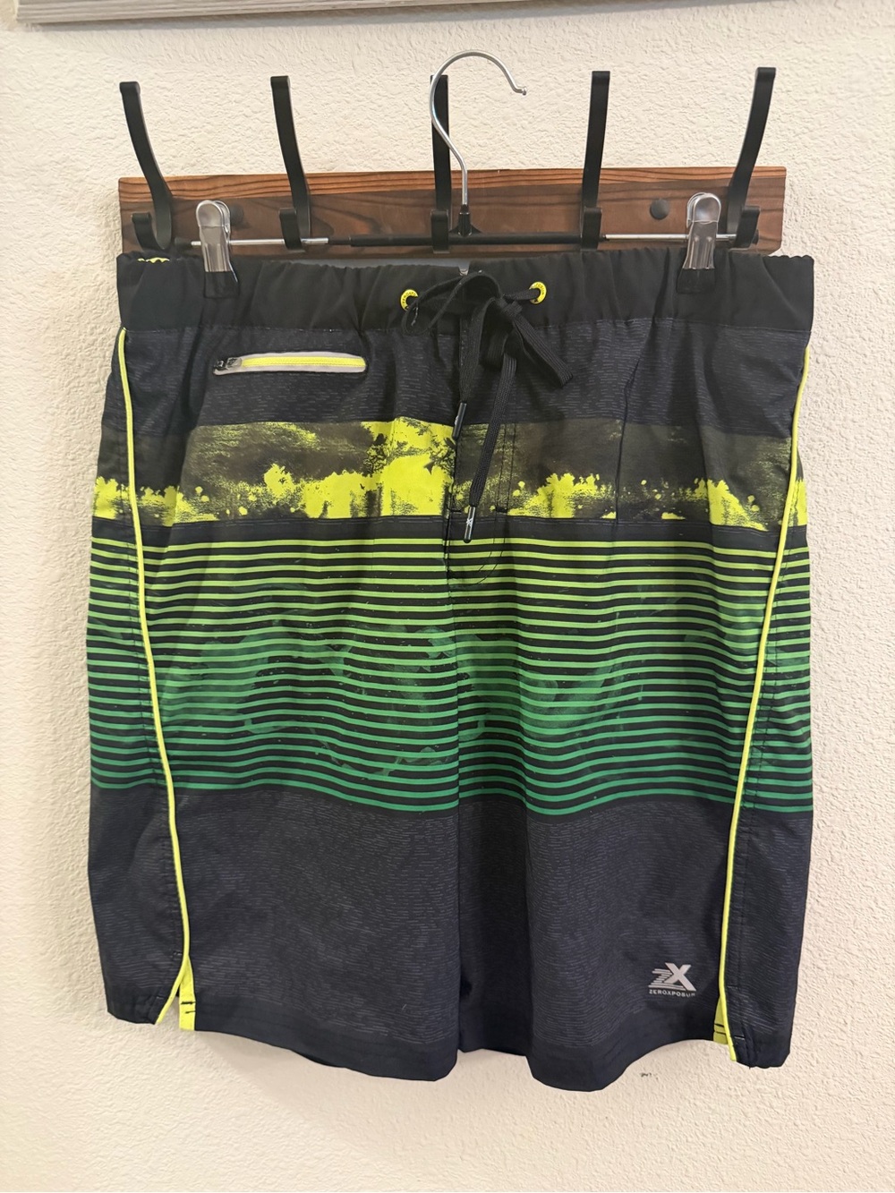 ZeroXposur Men’s Black Green Neon Yellow Stripe Swim Trunks